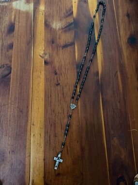 Black Rosary Bead Necklace with Silver Cross Pendant
